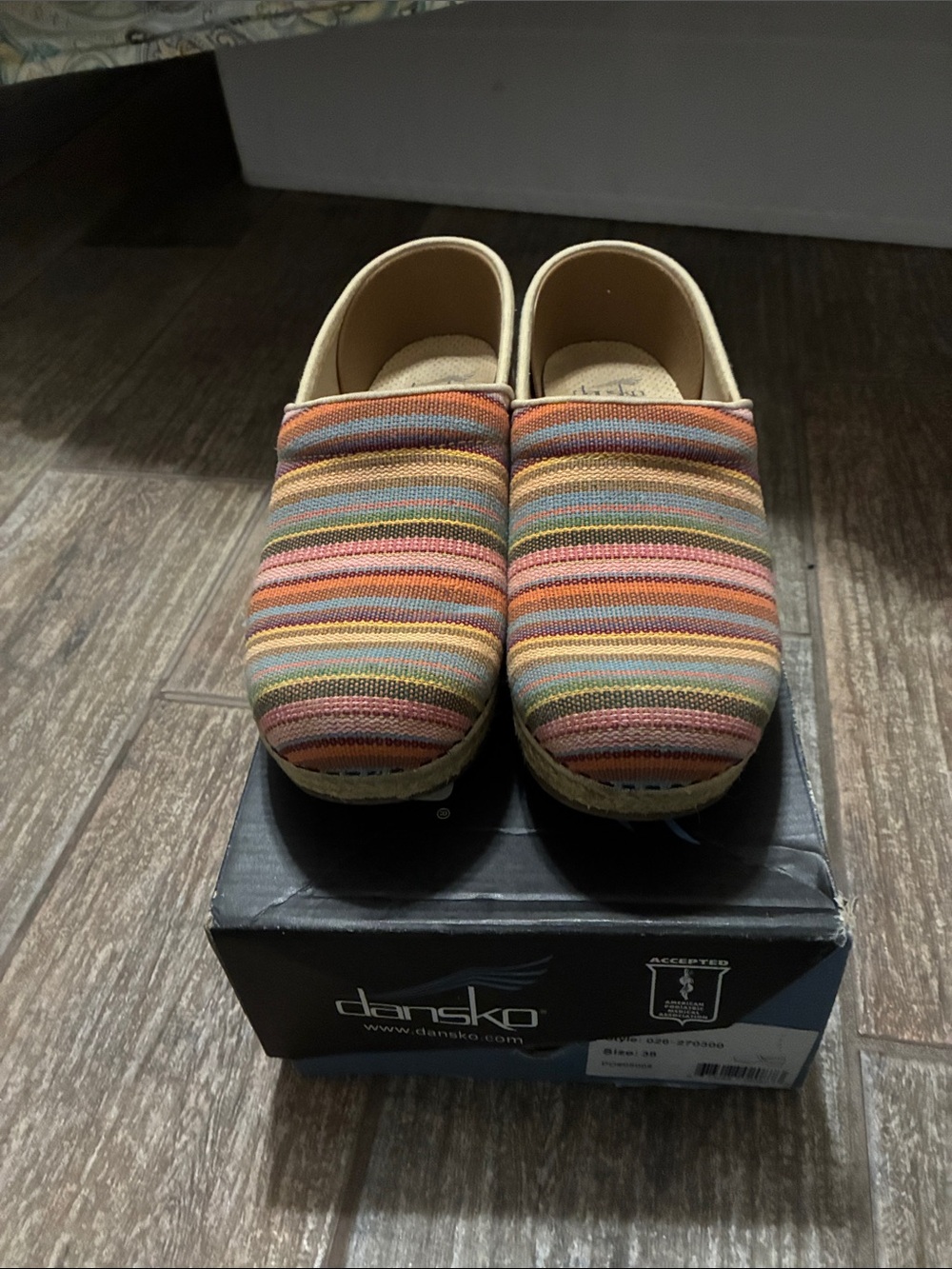 Dansko Kids Striped Slip-On Clogs in Orange, Green, Blue and Pink